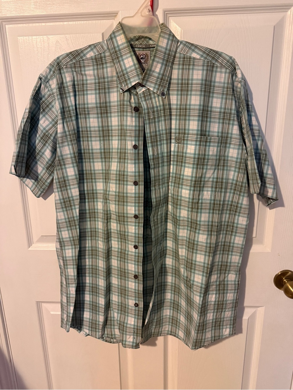 Cinch Short-Sleeve Plaid Button-Down Shirt - Green & White